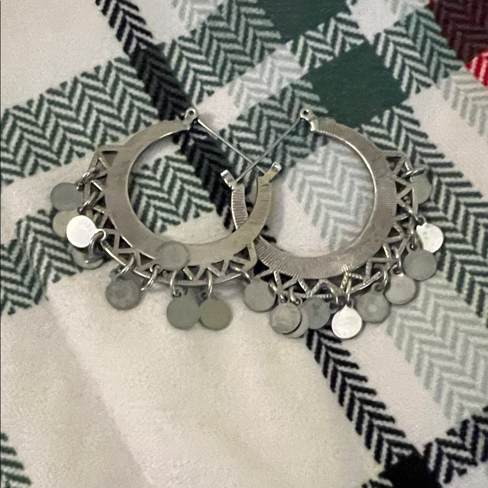Silver Hoop Earrings with Disc Accents